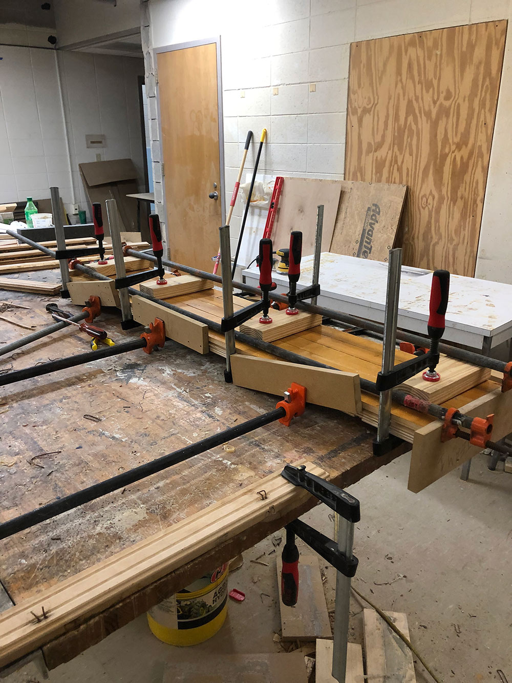 wood pieces being worked on in Giles Hall for the Sanderson Center&#039;s Outdoor Adventures area
