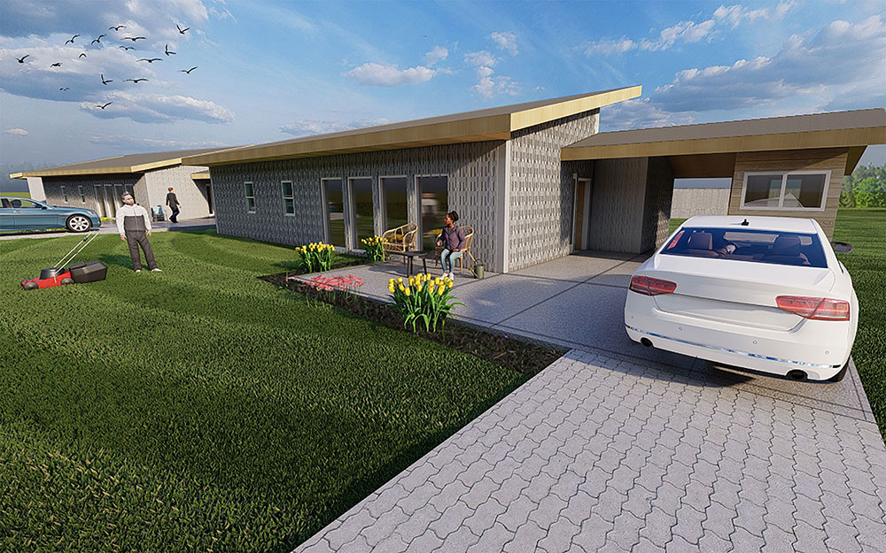 exterior rendering of house with car parked in driveway