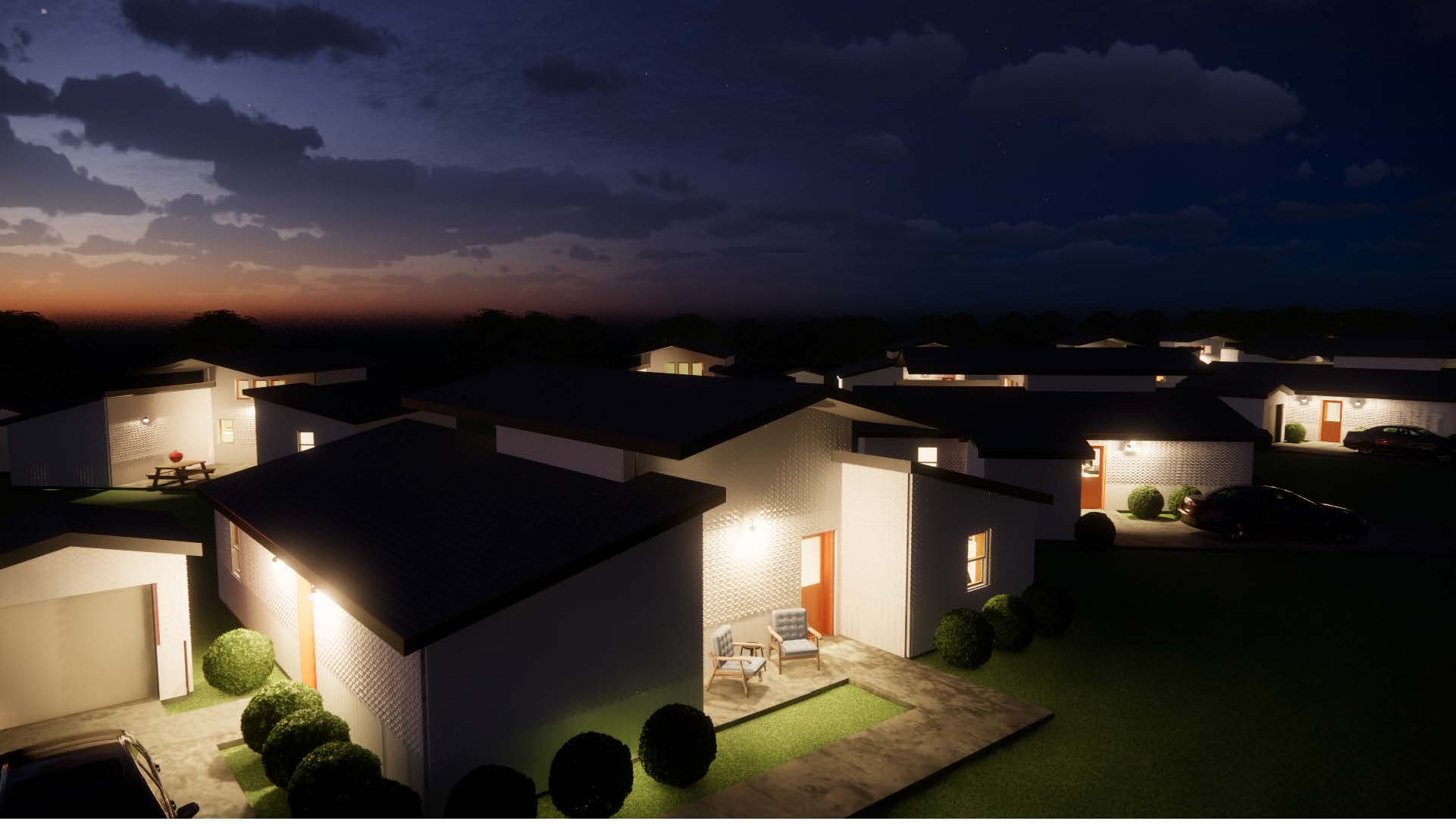 exterior rendering of house at night