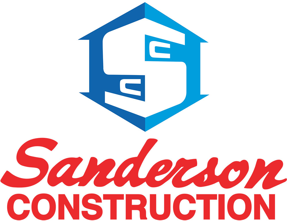 logo - blue house on top of house making S shape in blue over red &quot;Sanderson&quot; in script over &quot;construction&quot; in all caps