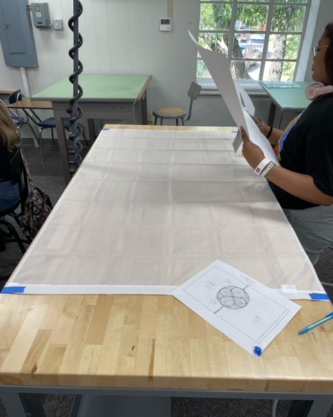 A large table has parchment paper spread over it.