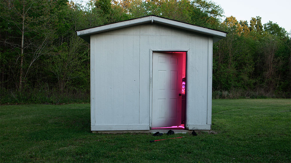 An image of a shed in a yard with bright pink light peering from the door