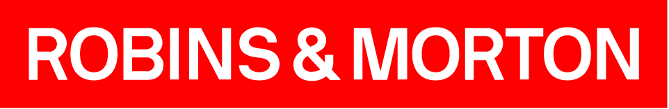 Logo: ROBINS &amp; MORTON in white letters on red horizontal background