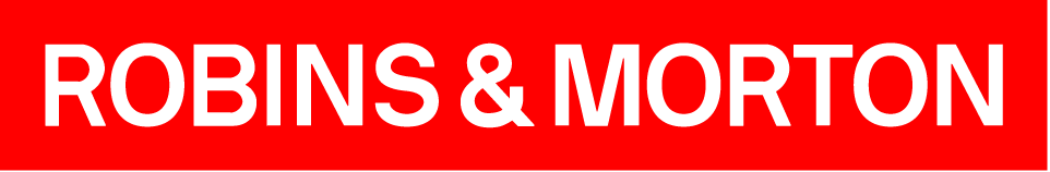 Logo: ROBINS & MORTON in white letters on red horizontal background
