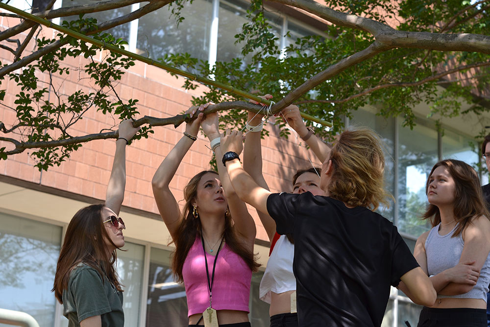 Group of Design Discovery campers work on their instant environment project outside.