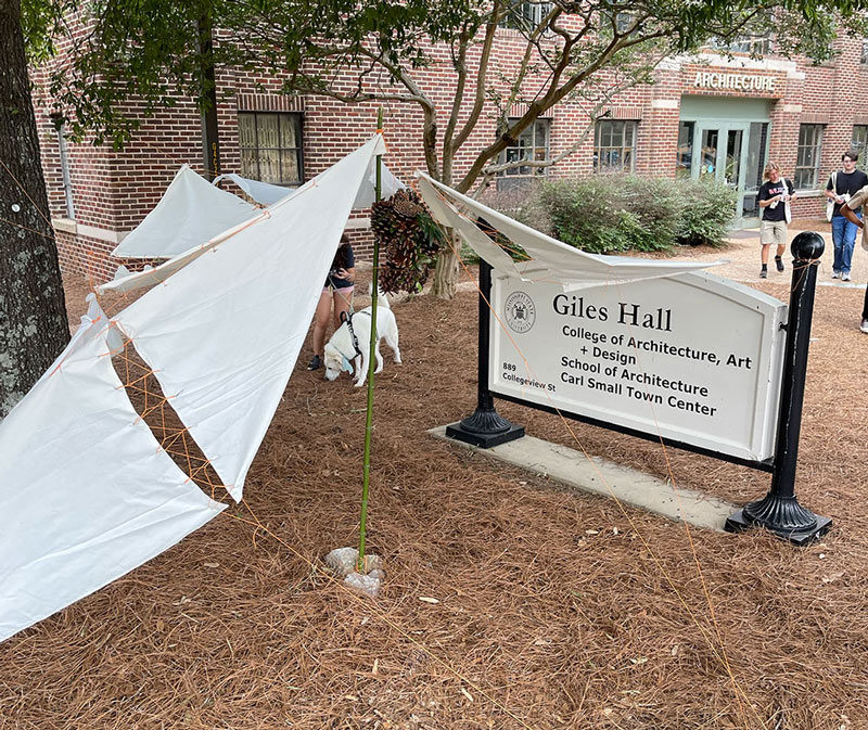 Instant environment project that was set up in front of the Giles Hall sign.