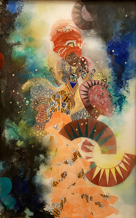 Painting of a figure surrounded by colors.