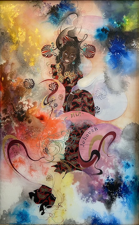 Painting of a figure surrounded by colors.