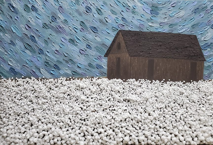 Mixed media work of art depicting a wood barn in a landscape of cotton.