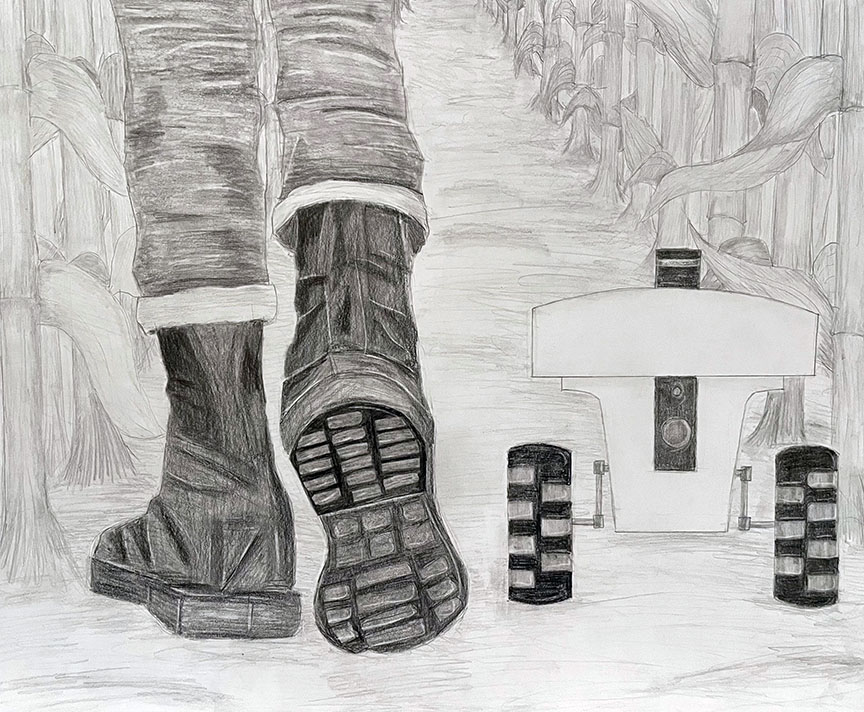 Drawing of a person&#039;s legs walking in boots next to a robot in a field.