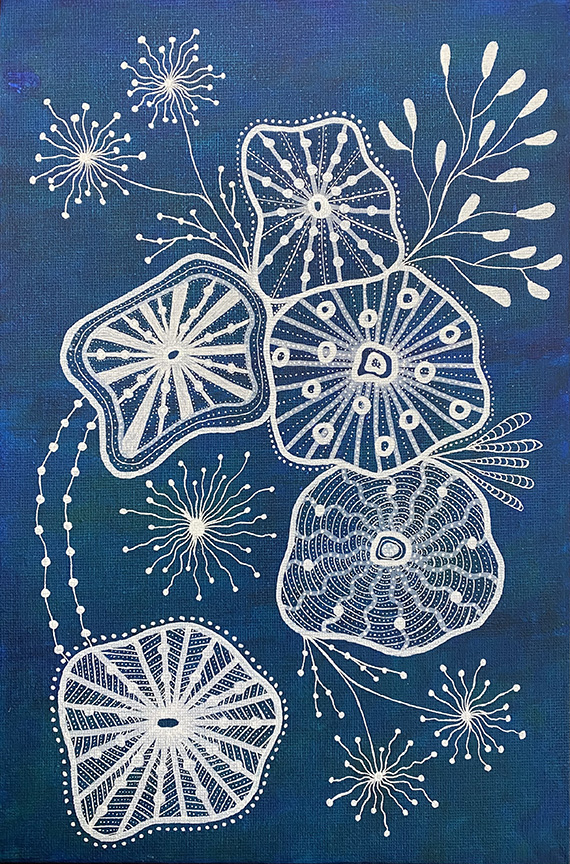 Blue and white painting of cell like designs.