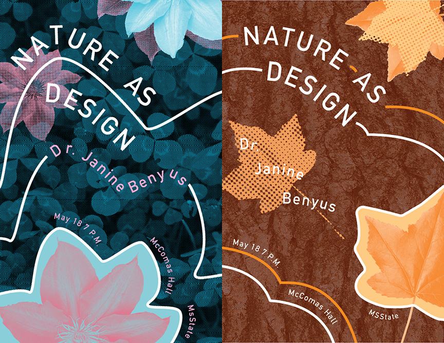 Digital illustration of leaves and the words Nature as Design.