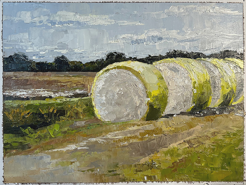 Painting of cotton bales in a field.
