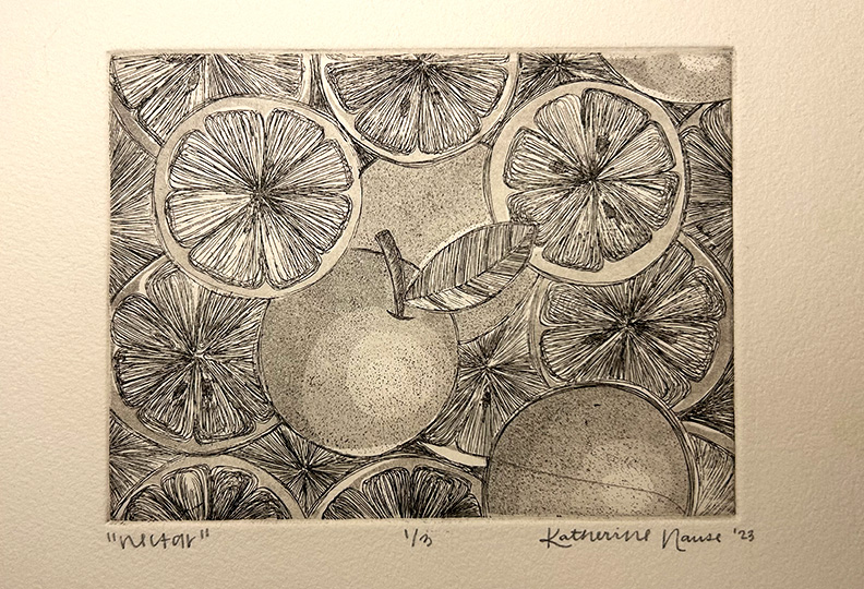 Illustrated print of oranges.