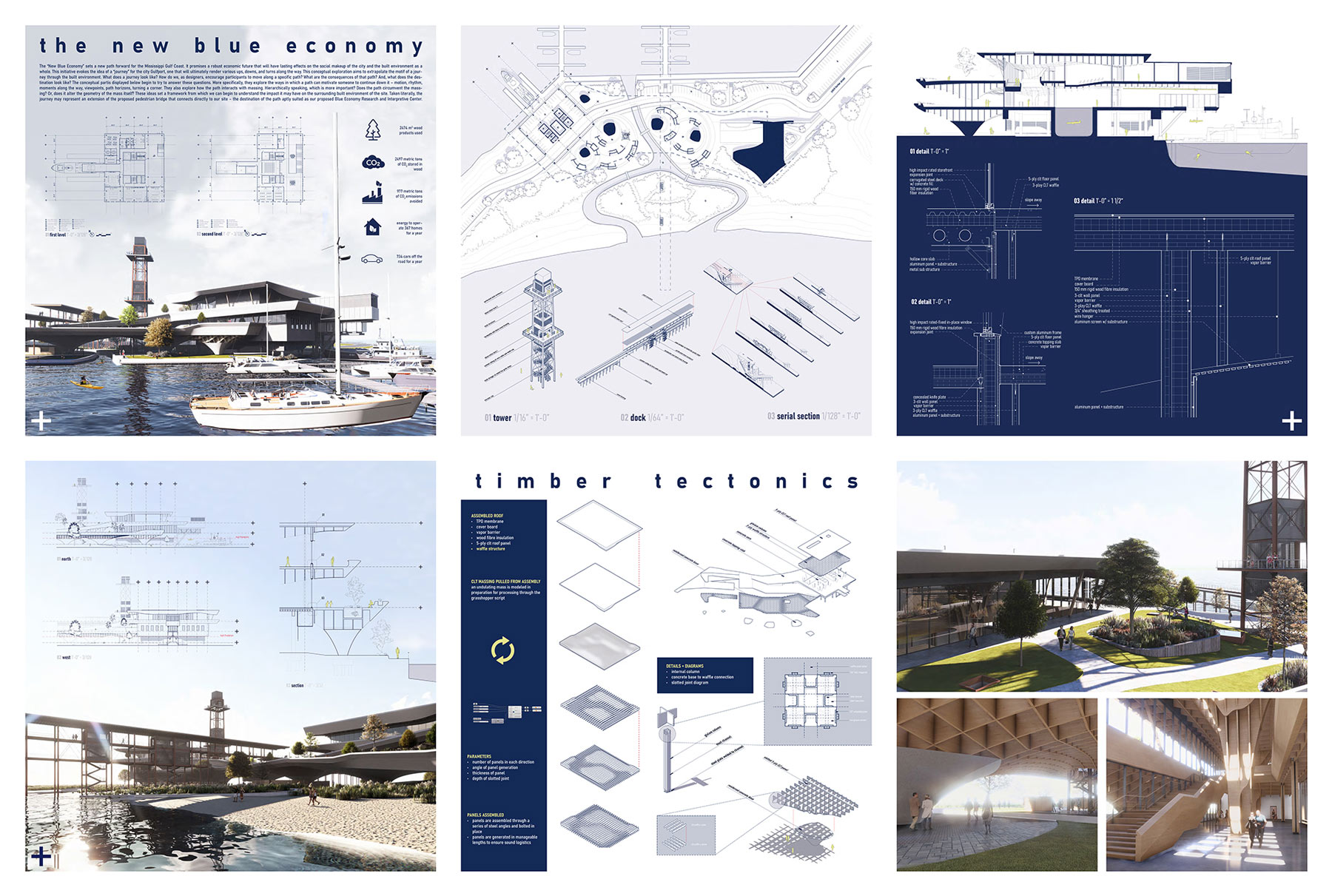 A collage of eight different photos. Most of them being gray, white, and navy blueprints of the building. A few of them being mock-reality photos of the building if it were real. Part of the building is on a dock over the water, and includes a boat in the photo. There is a tower sticking out of the building. It is an irregular shaped building with many levels and layers. The inside includes light wood designs with box-like wooden ceiling.