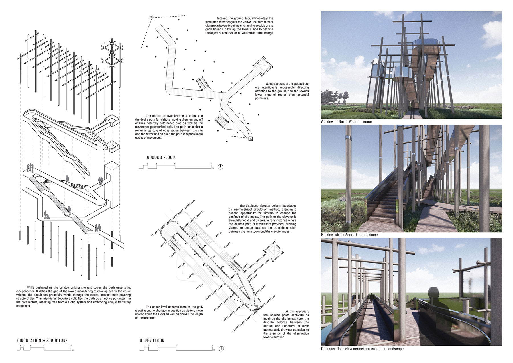 A collage of six different photos. Three are blueprints of the design, and three are reality versions of it. The design is a walkway on stilts that leads upward.