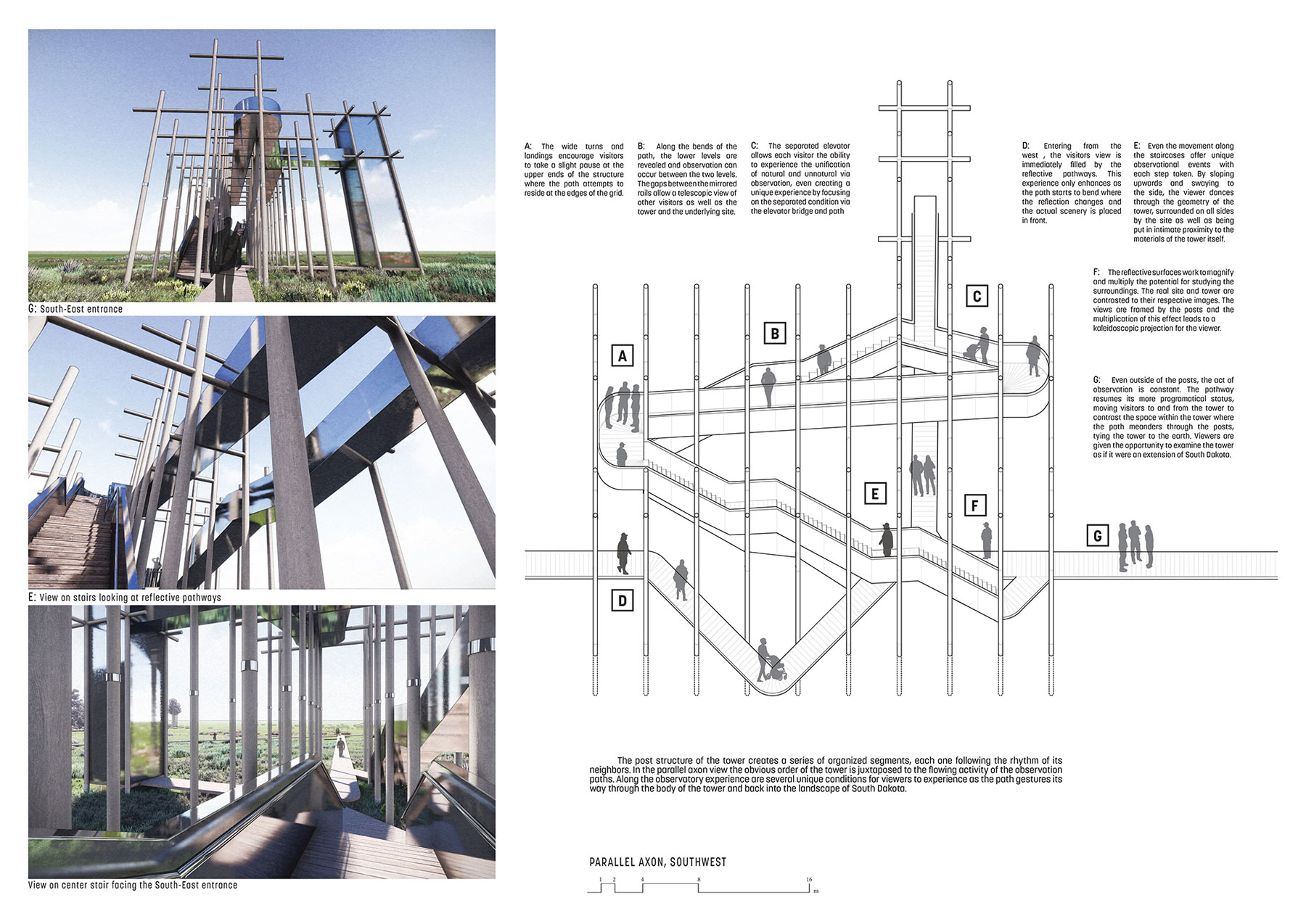 A collage of four different photos. One is a blueprint, the others are different perspectives of the building. It is a walkway on stilts that laeads to the top of a glass tower.