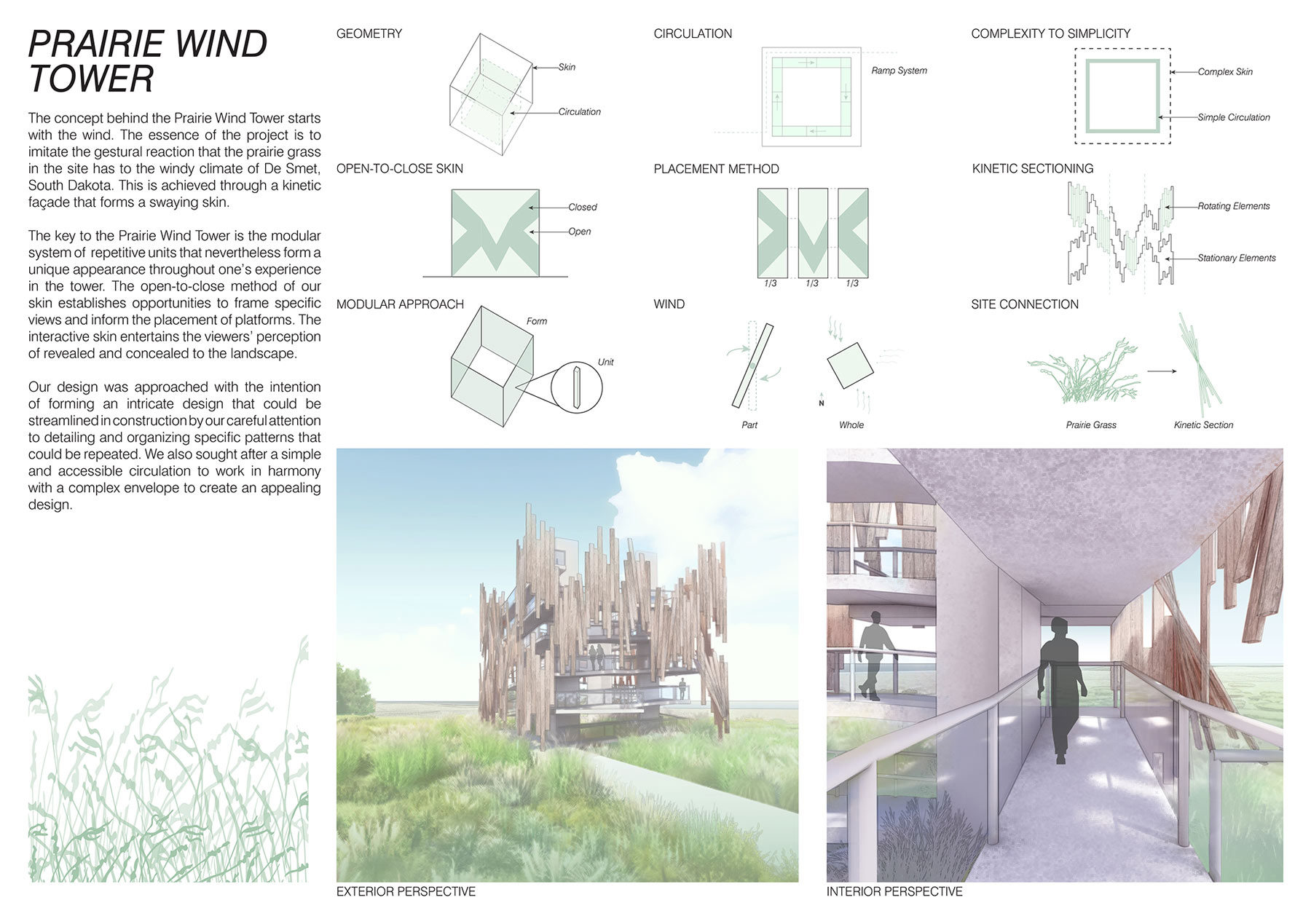 In the top left of the photo, it reads &quot;Prairie wind tower&quot;. The rest of the photo consists of collages. Some blueprints, others pictures of grass, and two are pictures of what the tower would look like.
