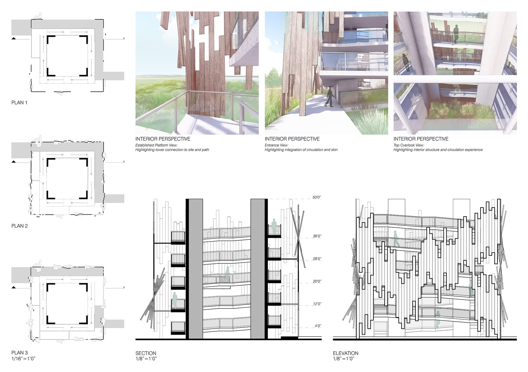 A collage of eight different photos. Most of these photos are blueprints of what said building will look like, and three are colored drawings of the finished project made out of what looks like light wood panels stacked unleveled, parallel to each other.
