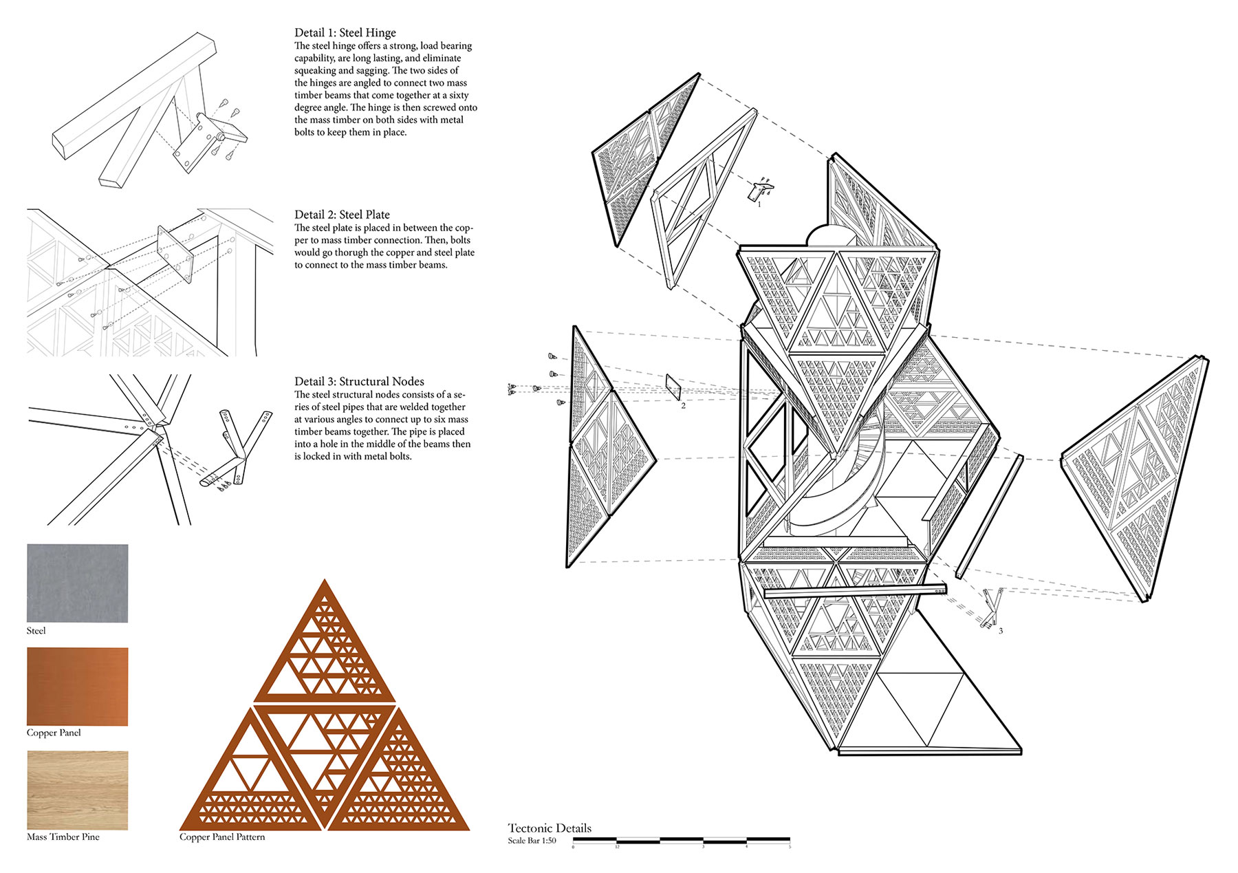 A blueprint of a triangular body of a building. There are descriptions for the connecting panels between these bodies, and there is a color pallet that consists of gray, orange, and light tan material.