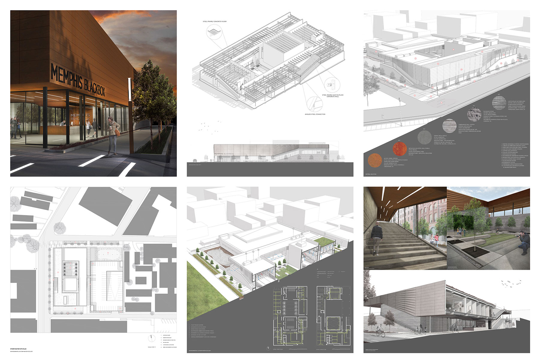 A collage of 6 different photos. Most of them gray and white blueprints. One of them is a mock-reality photo of what the building would look like. It is a glass ground level building, with an upper level completely surrounded by wood. Over the door is a sign that says &quot;Memphis Blackbox&quot; in black capital letters. A person is standing at the door, people are walking around inside.
