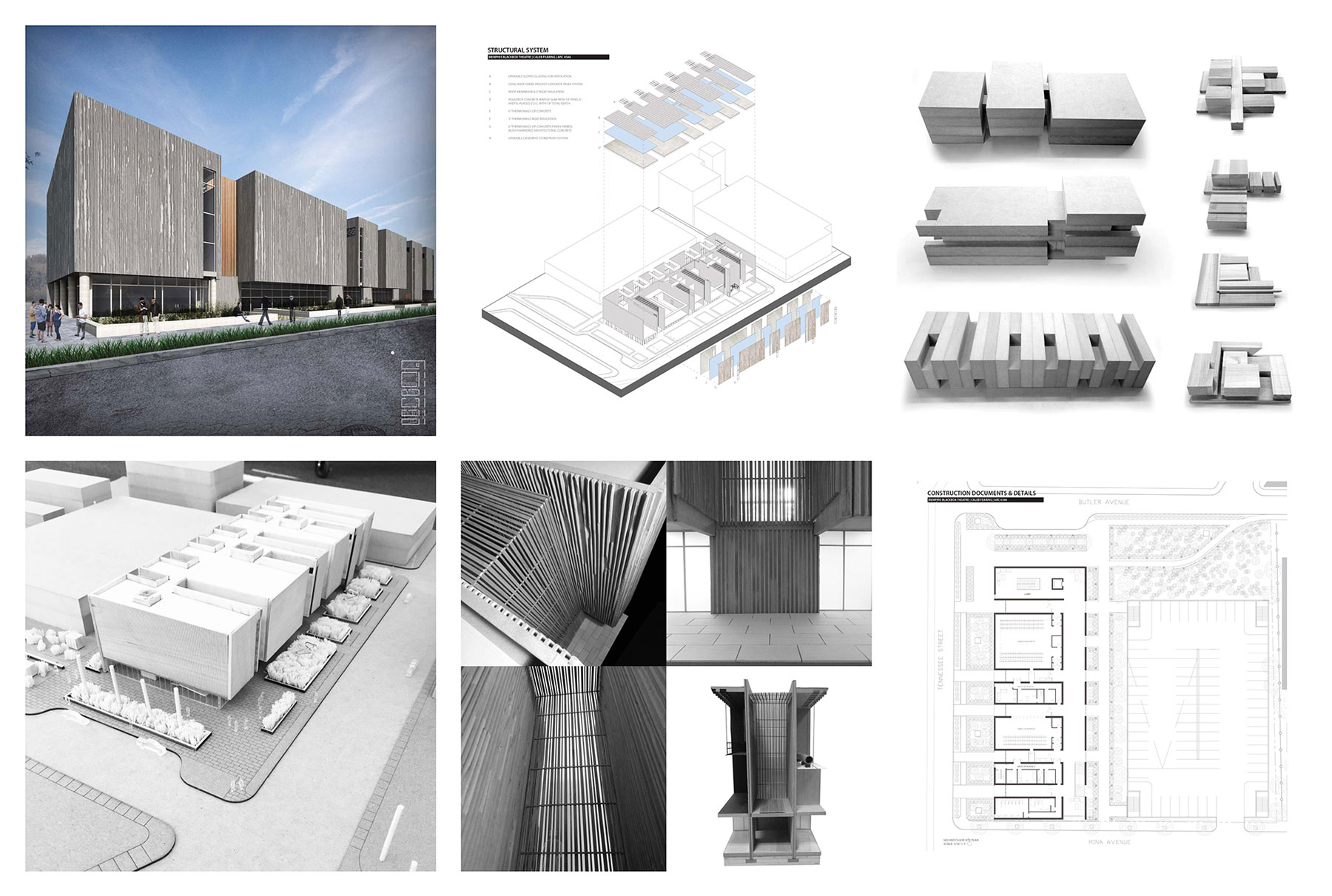 A collage of 6 different photos. Most of them white and gray blueprint designs. Some of them mock-reality photos of a long gray building. The outside material of the buildings is hundreds of thin strips of material all pushed close together, giving the building lots of texture externally. 