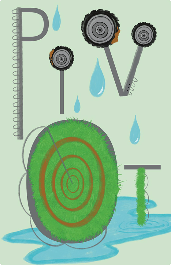 The word Pivot with water drops and digital drawings of circular pivot marks in the land.