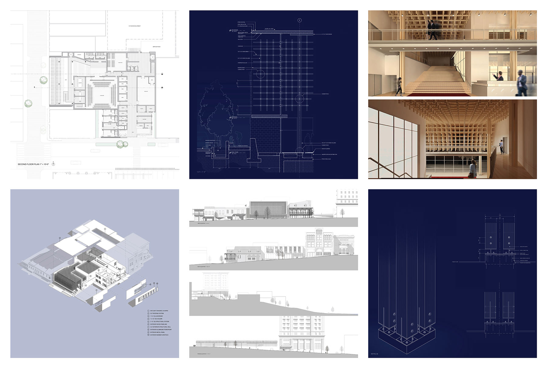 A collage of six different blueprints. The top left and bottom middle photos are gray and white blueprints of the buildings design. The bottom left photo is a gray and white blueprint with a lavender background. And the top middle and bottom right phots are white blueprints with a navy blue backdrop. The top left image is a real photo of a wooden interior. There are thin strips of wood running across the ceiling, and people walking around the room.