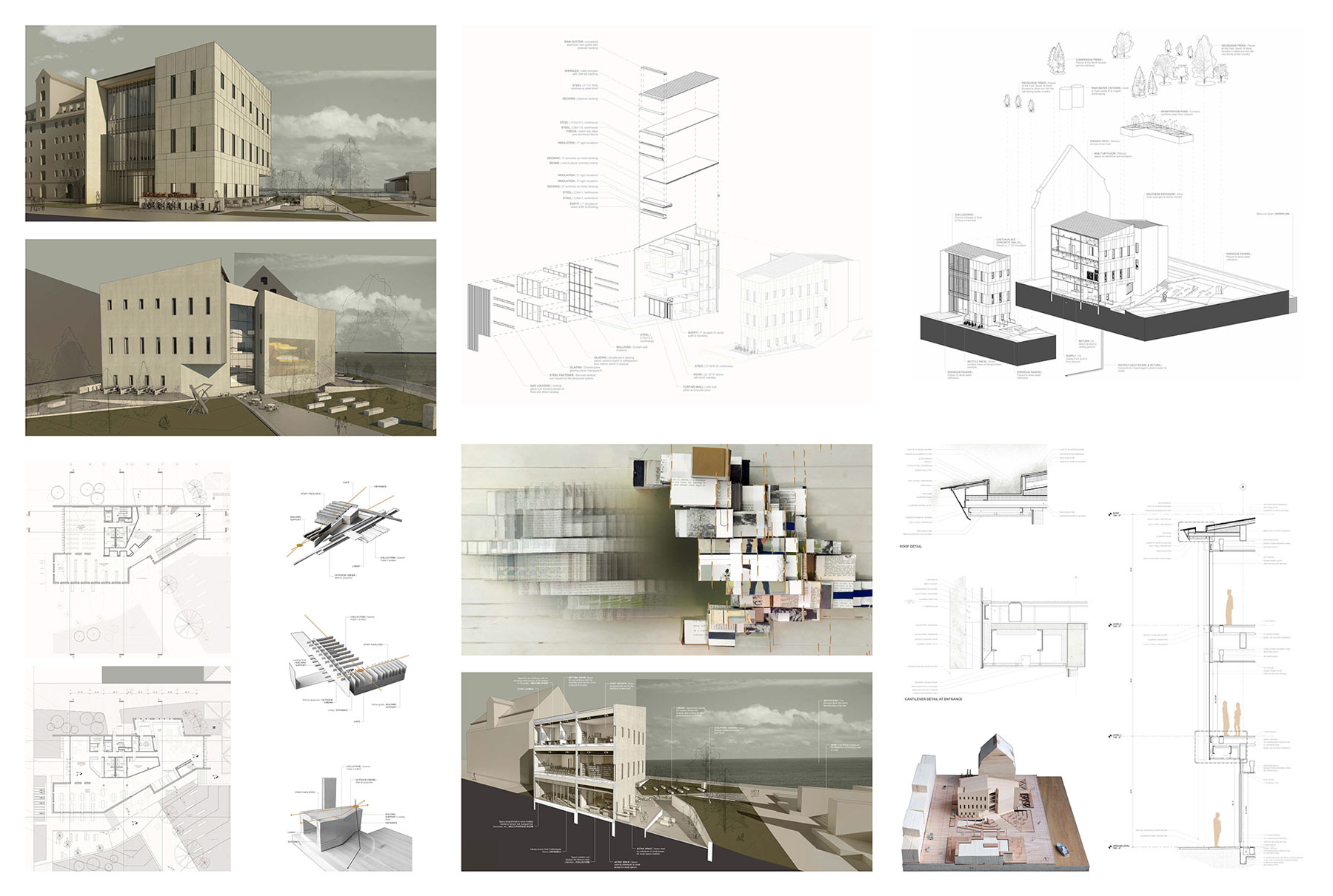 A collage with fourteen different photos. Most of them blueprints, but four contain mock-animations of what the buildings would look like. The building is light colored with three different sections. The section to the far right is rectangular with thin rectangular windows. The middle section is mostly glass. The left section is a longer stretch of building with small square windows.