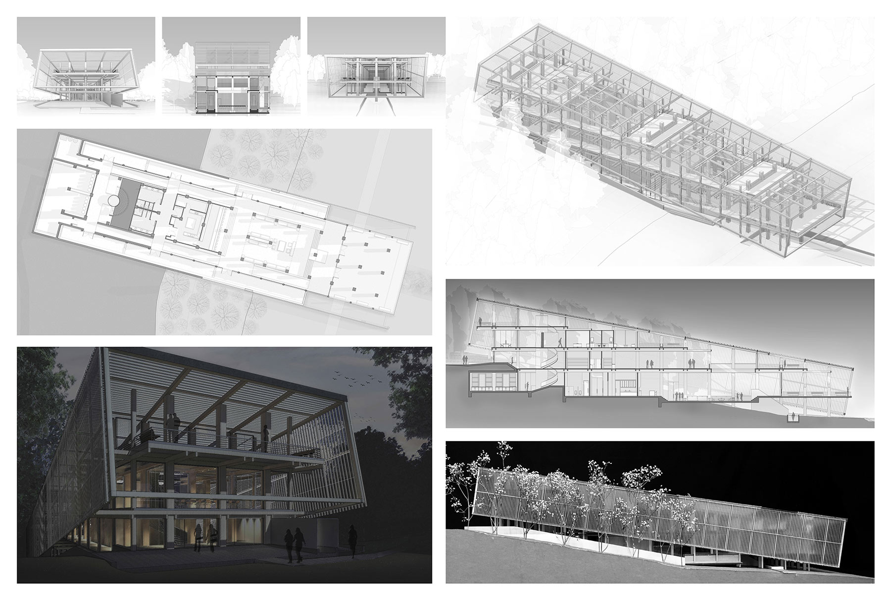 A collage of eight different angles of a rectangular building. The building is very open in the sense that it is covered in nothing but glass windows and small strips of white metallic pieces structuring it. The building&#039;s side angle shows that it is made at a descending slant. 