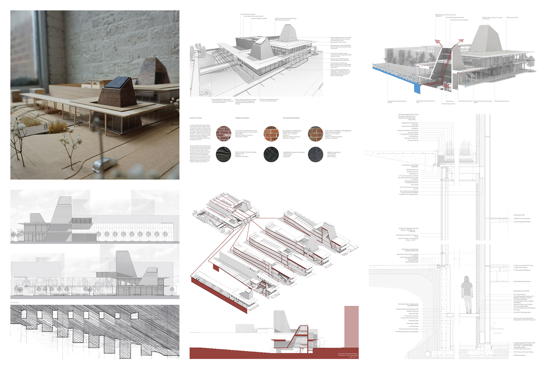 A collage filled with five different architectural blueprints, a pallet of 6 different types of bricks is showcased, and a photo of a room with wooden flooring, wooden benches, white brick walls, and a big window.
