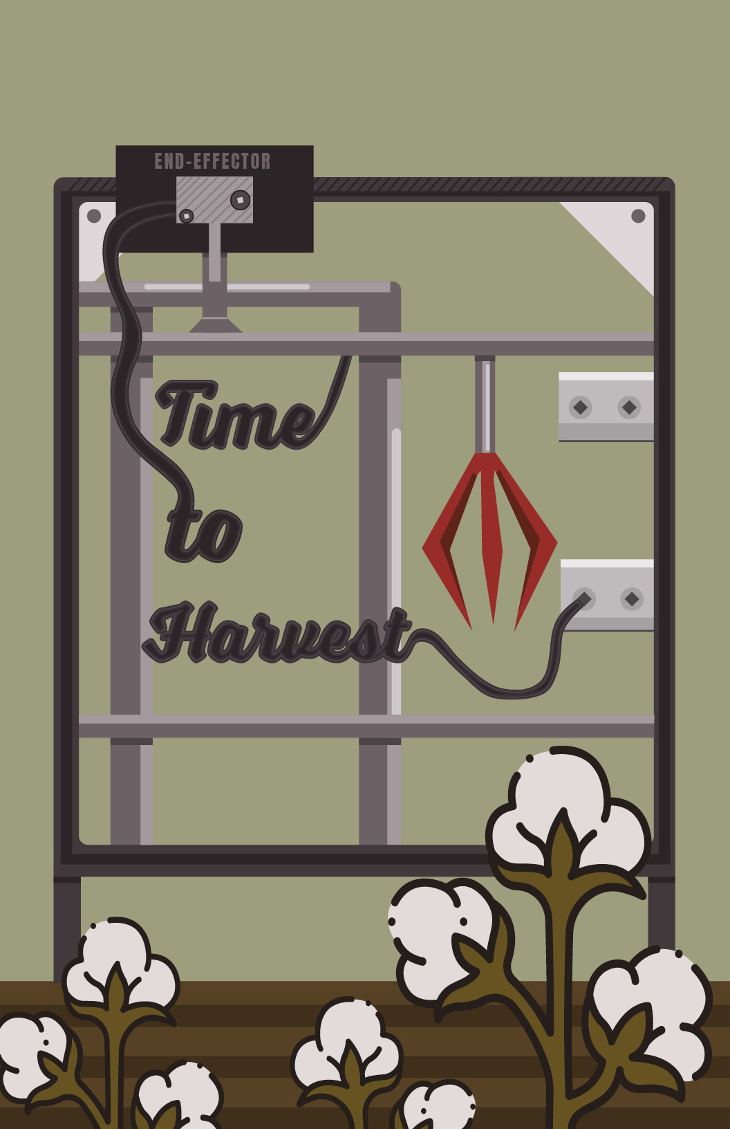 Digital poster design with illustration of robot picking cotton.