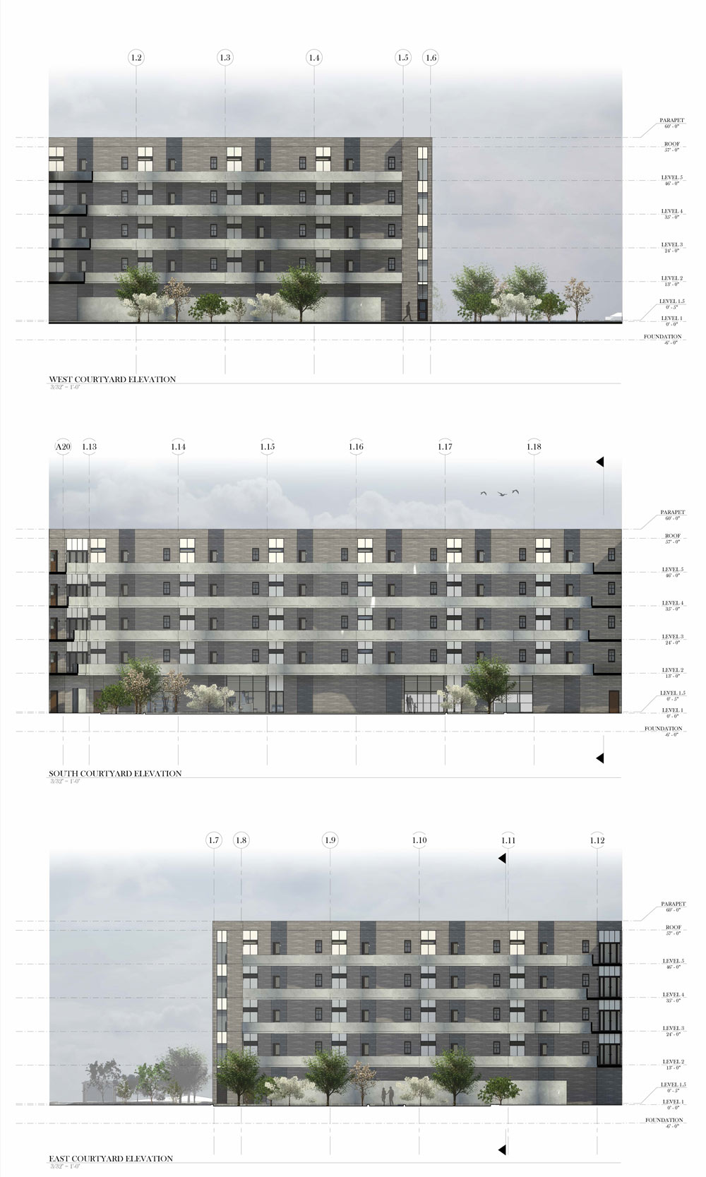 A collage of three different photos of blueprints of a building. The building is gray and tan, the skies are gray behind it.