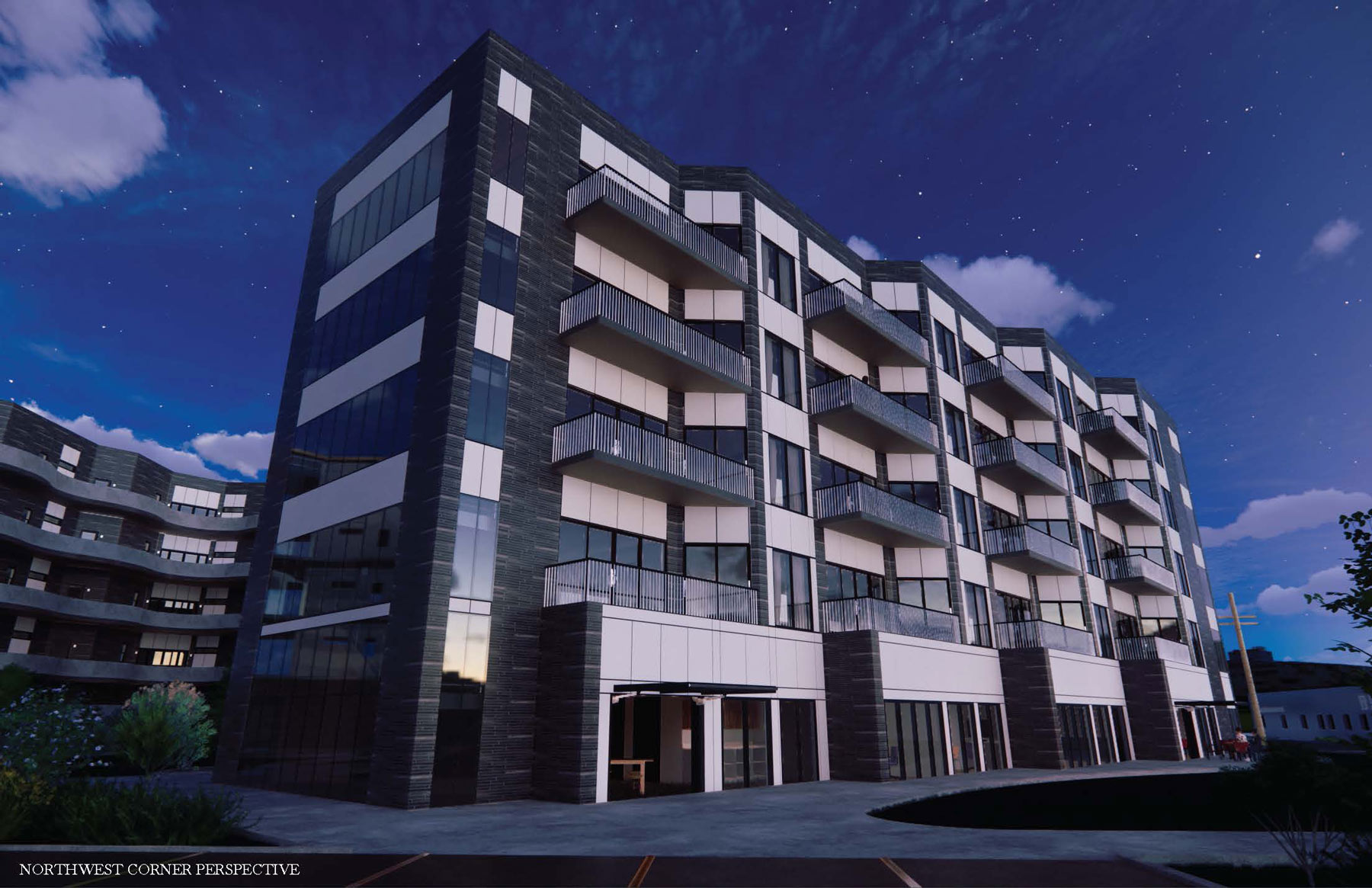 exterior rendering by Emily Hammons showing outside of multi-story building from parking lot - view from front left angle