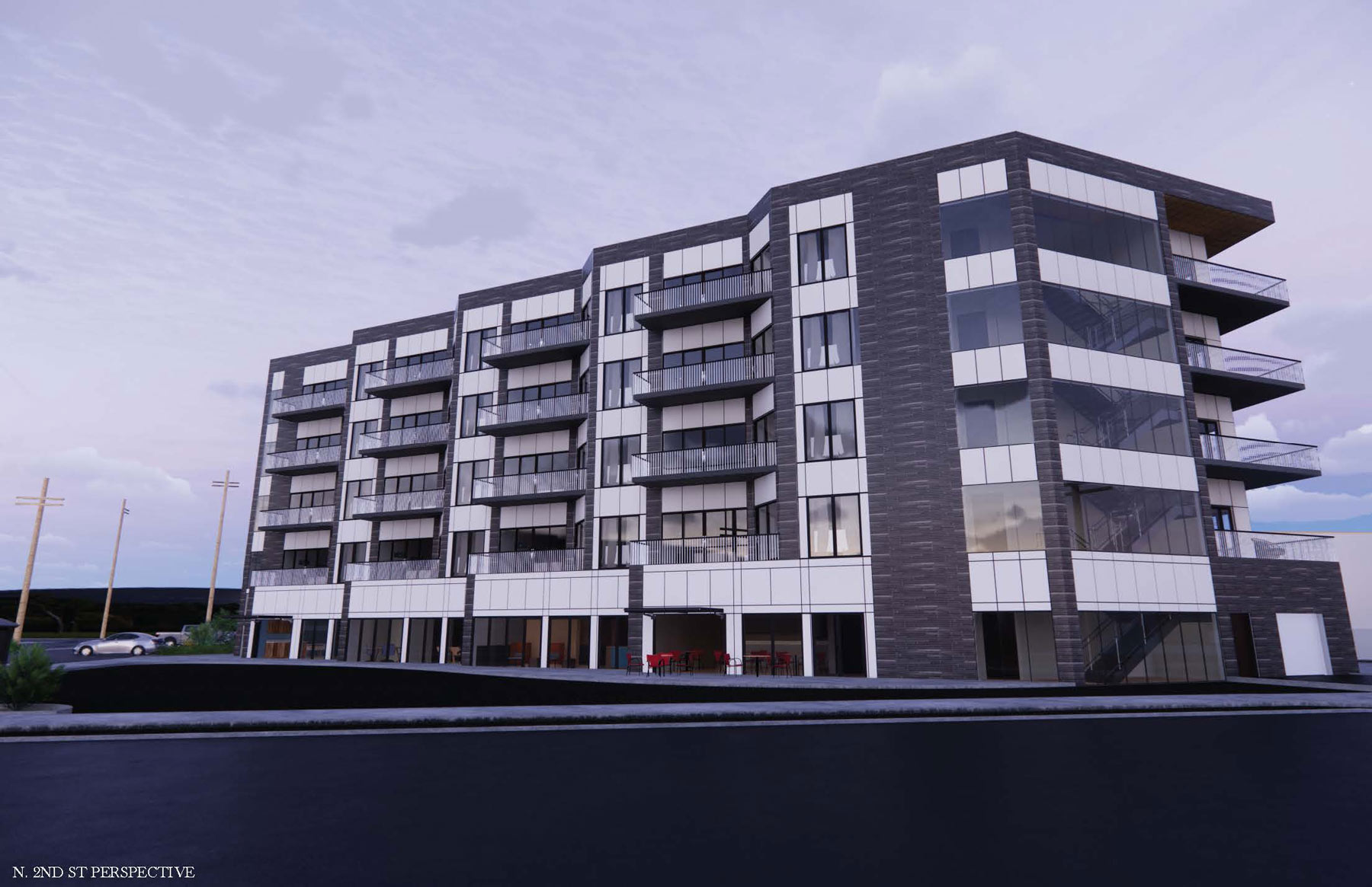 exterior rendering by Emily Hammons showing outside of multi-story building from parking lot - front