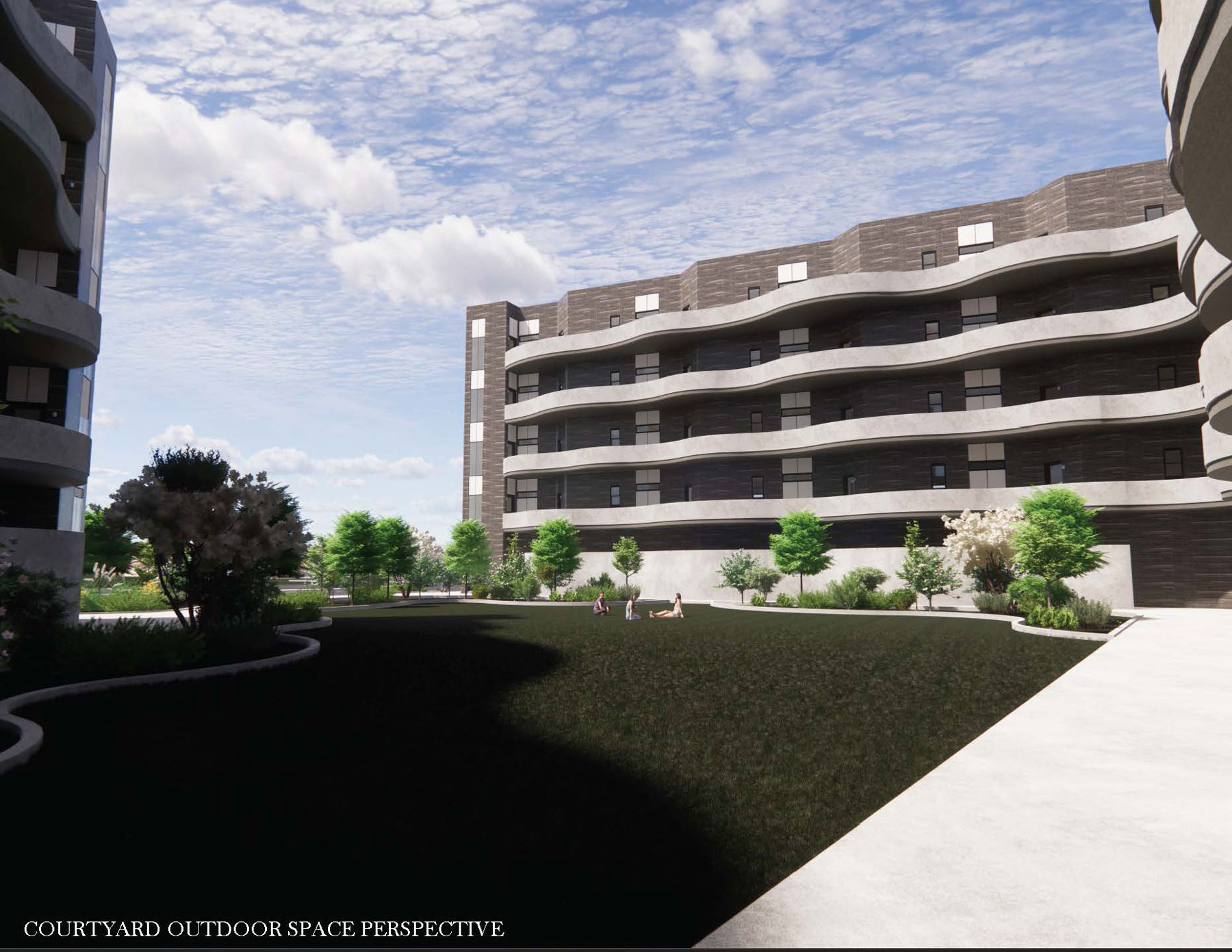 The bottom left of this phot reads &quot;courtyard outdoor space perspective&quot;. The building is dark gray and consists of light gray balcony railings that weave their way through the building in squiggle shapes. The bottom ground has trees and grassy area.