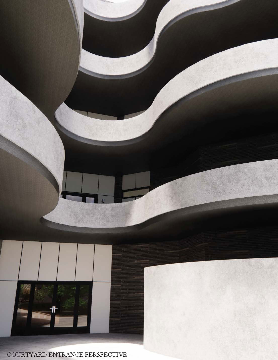 The bottom left of this phot reads &quot;courtyard entrance perspective&quot;. The building is dark gray and consists of light gray balcony railings that weave their way through the building in squiggle shapes. Below the balconies is a glass doorway into the building.