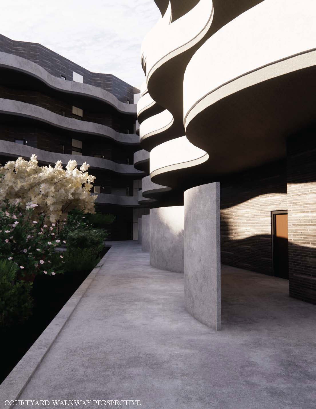 The bottom left of this phot reads &quot;courtyard walkway perspective&quot;. The building is dark gray and consists of light gray balcony railings that weave their way through the building in squiggle shapes. The bottom ground has trees and grassy area.