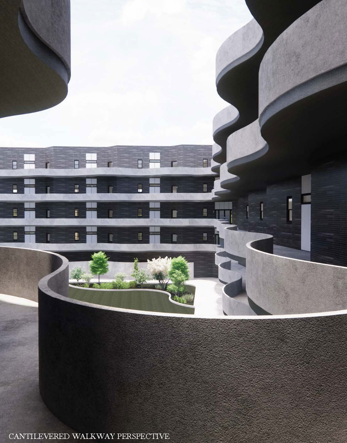 The bottom left of this phot reads &quot;cantilevered walkway perspective&quot;. The building is dark gray and consists of light gray balcony railings that weave their way through the building in squiggle shapes. The bottom ground has trees and grassy area.