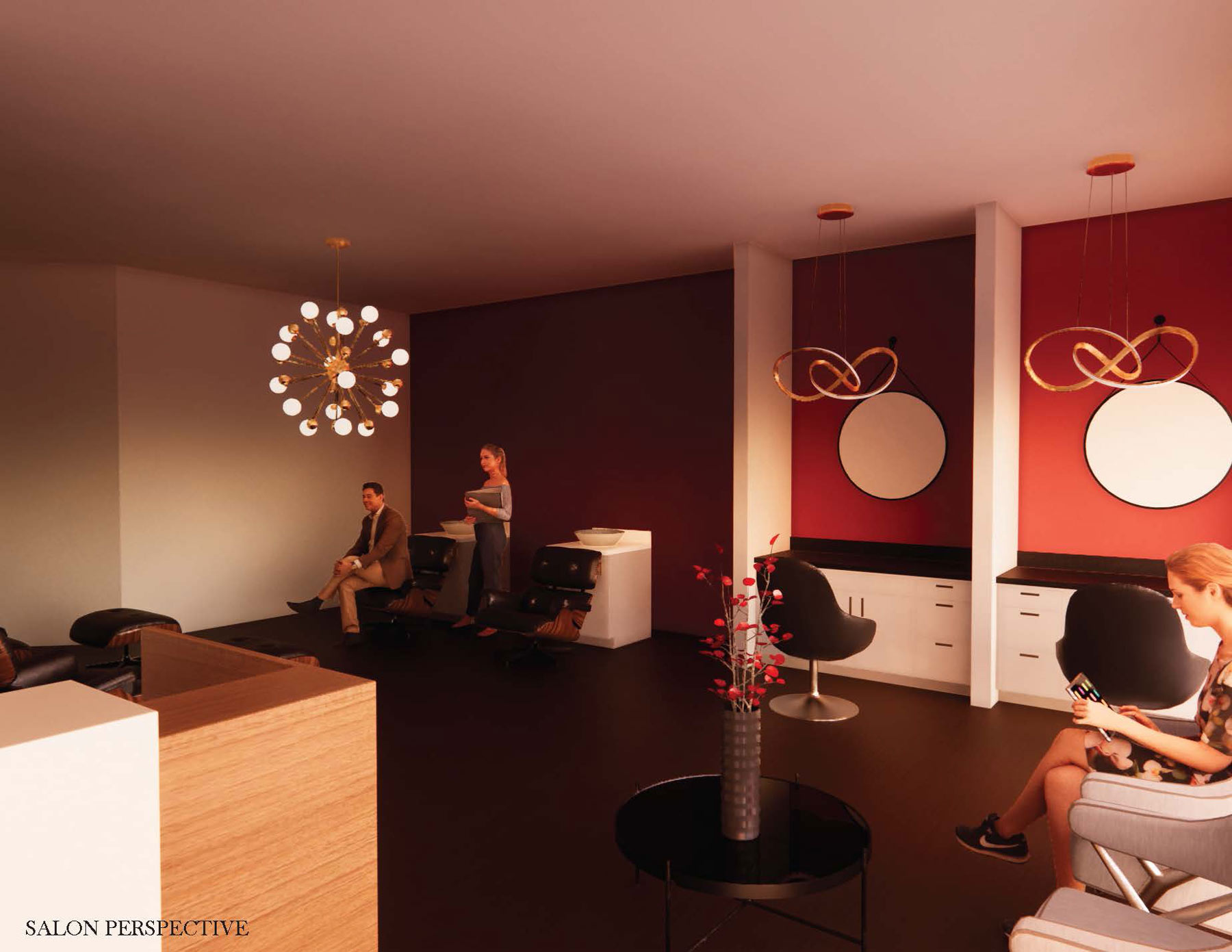 The bottom left of this phot reads &quot;salon perspective&quot;. This room is dark with white walls and ceiling, besides one wall which is red. On the red wall are different sectioned off stations with mirrors, chairs, and drawers. There are complex light fixtures hanging from the ceiling, and people are scattered throughout the room.