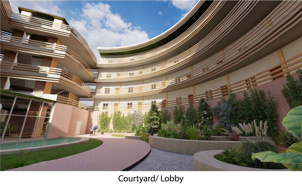 The bottom middle of this photo reads &quot;courtyard/lobby&quot;. This shows a view of a building that is curved inward. It has wooden strip bars as balcony bars, and the building itself is white. There are plants and a pool in the courtyard area underneath.