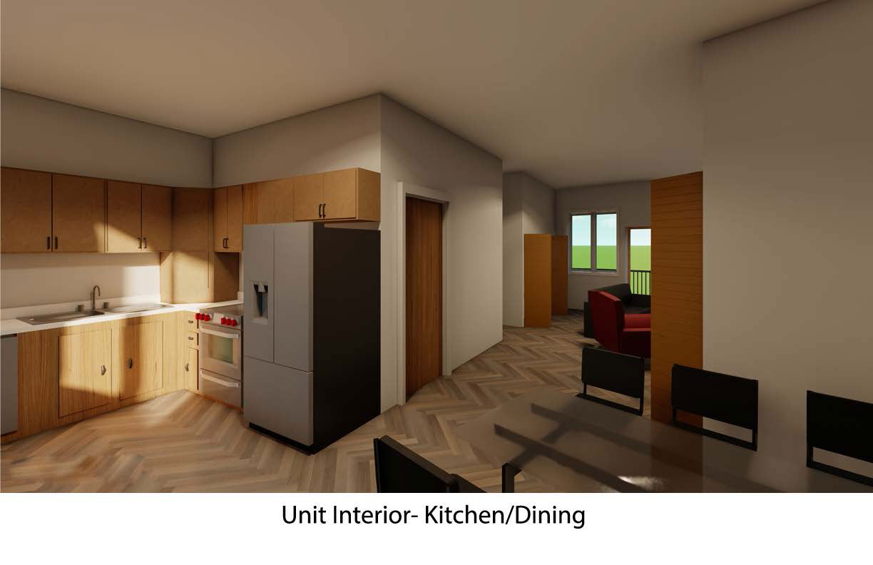 The bottom middle of this photo reads &quot;unit interior- kitchen/dining&quot;. This shows a kitchen with brown cupboards, a sink, and a dark gray fridge. There is a dining room connected, with a class table and black chairs. The flooring is multicolored wood panels. The kitchen leads out into a hallway.