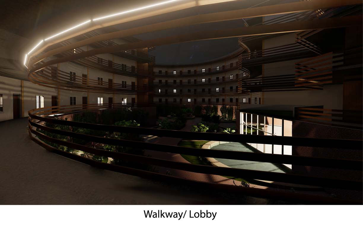 The bottom middle of this photo reads &quot;walkway/lobby&quot;. It is dark outside. The balcony that has strips of wood as balcony bars is light up by a strip of light going across the top of the balcony. It overlooks itself stretched out.