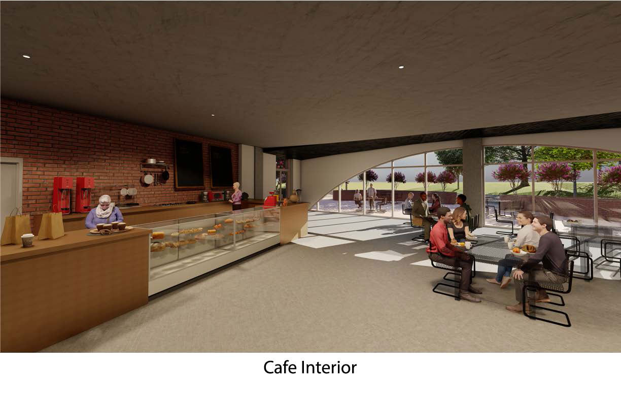 The bottom middle of this photo reads &quot;Cafe interior&quot;. The room is dark tan, with a bar that contains donuts and pastries. There are people sitting around on tables throughout the cafe.