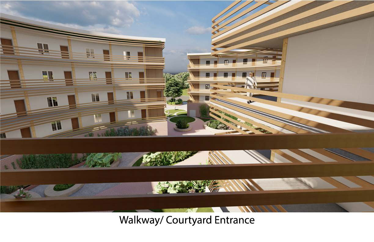 The bottom middle of this photo reads &quot;walkway/courtyard entrance&quot;. It shows a view from a balcony. That overlooks some potted plants and two other identical buildings that have strips of wood as balcony bars as well.