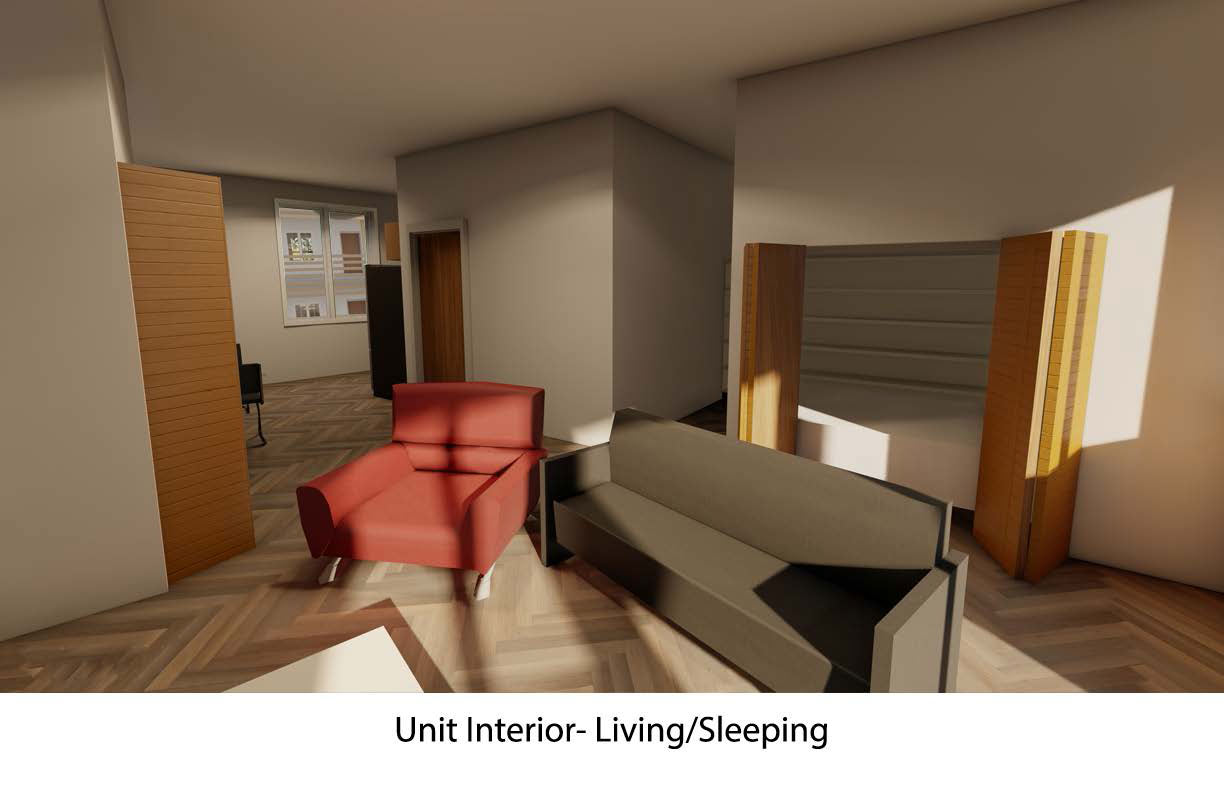 The bottom middle of this photo reads &quot;Unit Interior-Living/Sleeping&quot;. It shows a dark tan room with two couches that leads out into a hallway.