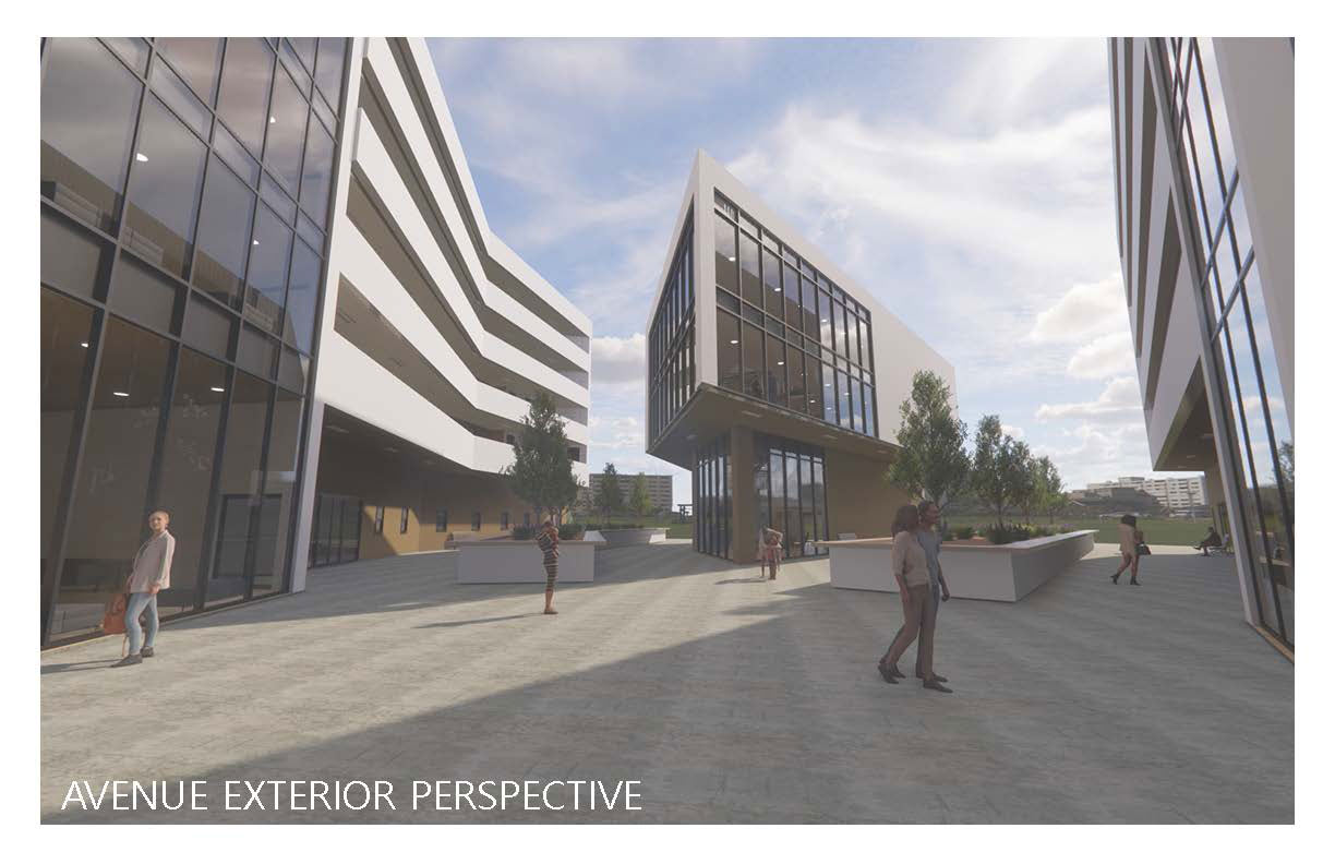 The bottom left reads &quot;avenue exterior perspective&quot;. There are three different buildings in this shot. people are walking around between the three. The building on the far left is glassy, connected to what looks like a parking garage. The building in the middle is a glassy triangular shaped building. And then to the right is a glassy building.