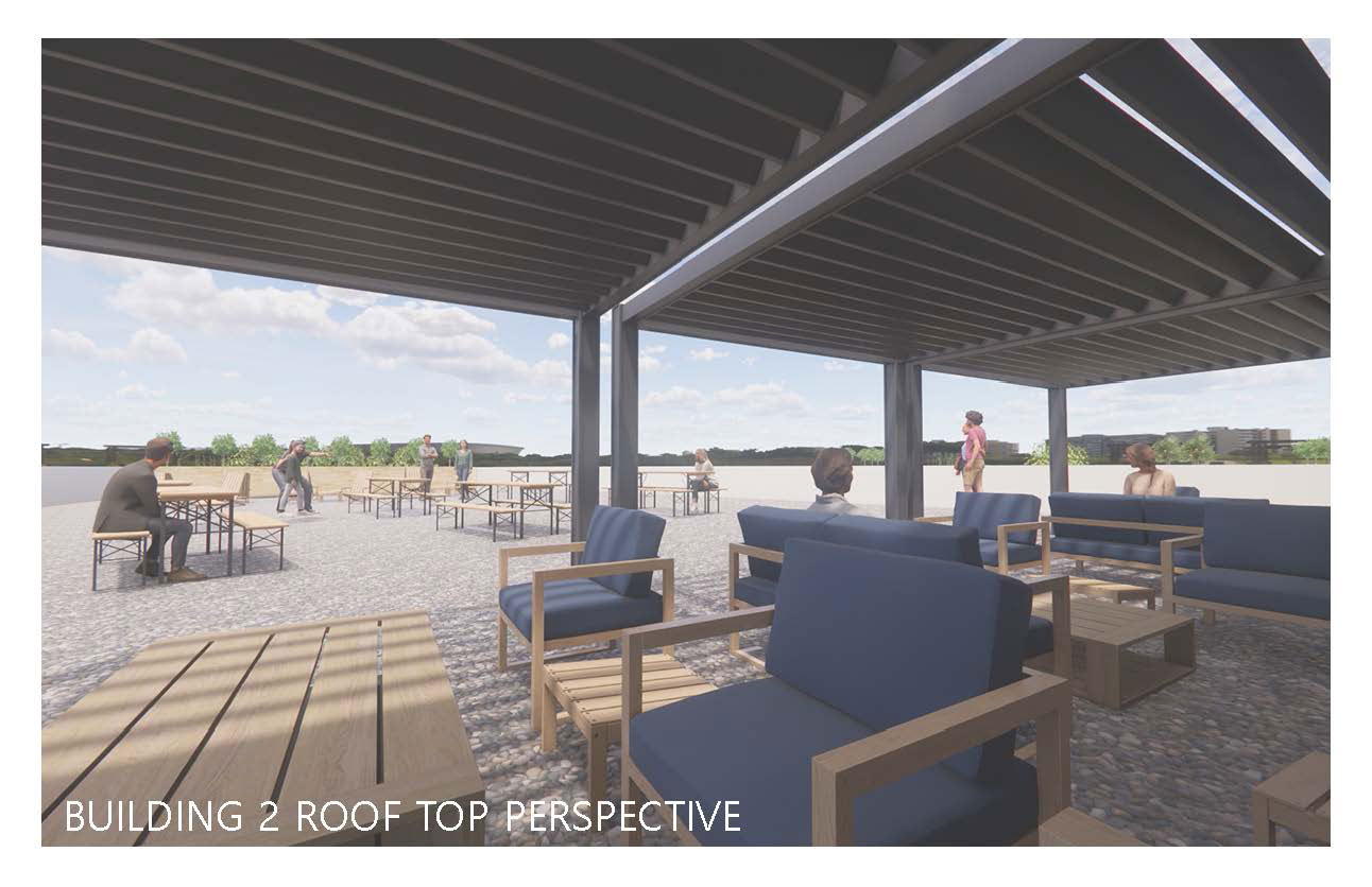 The bottom left reads &quot;building two roof top perspective&quot;. There is a shaded area with couches and tables underneath it. Some people are lounging around throughout. Outside of the shaded area are people lounging on picnic tables. 