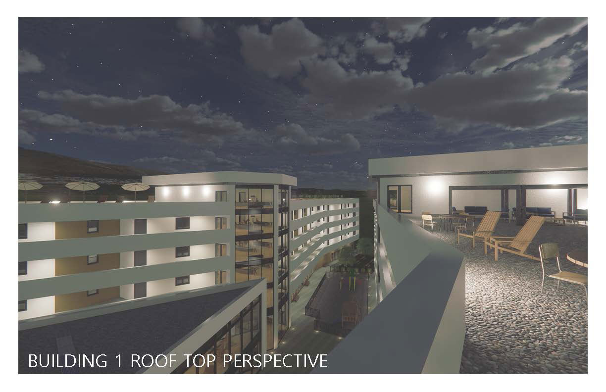 The bottom left reads &quot;building one roof top perspective&quot;. This is view from on top of a building. The sky is dark and cloudy, on the balcony on which the perspective of this photo stands, there are lounge chairs. On the building we are overlooking, there are umbrellas.