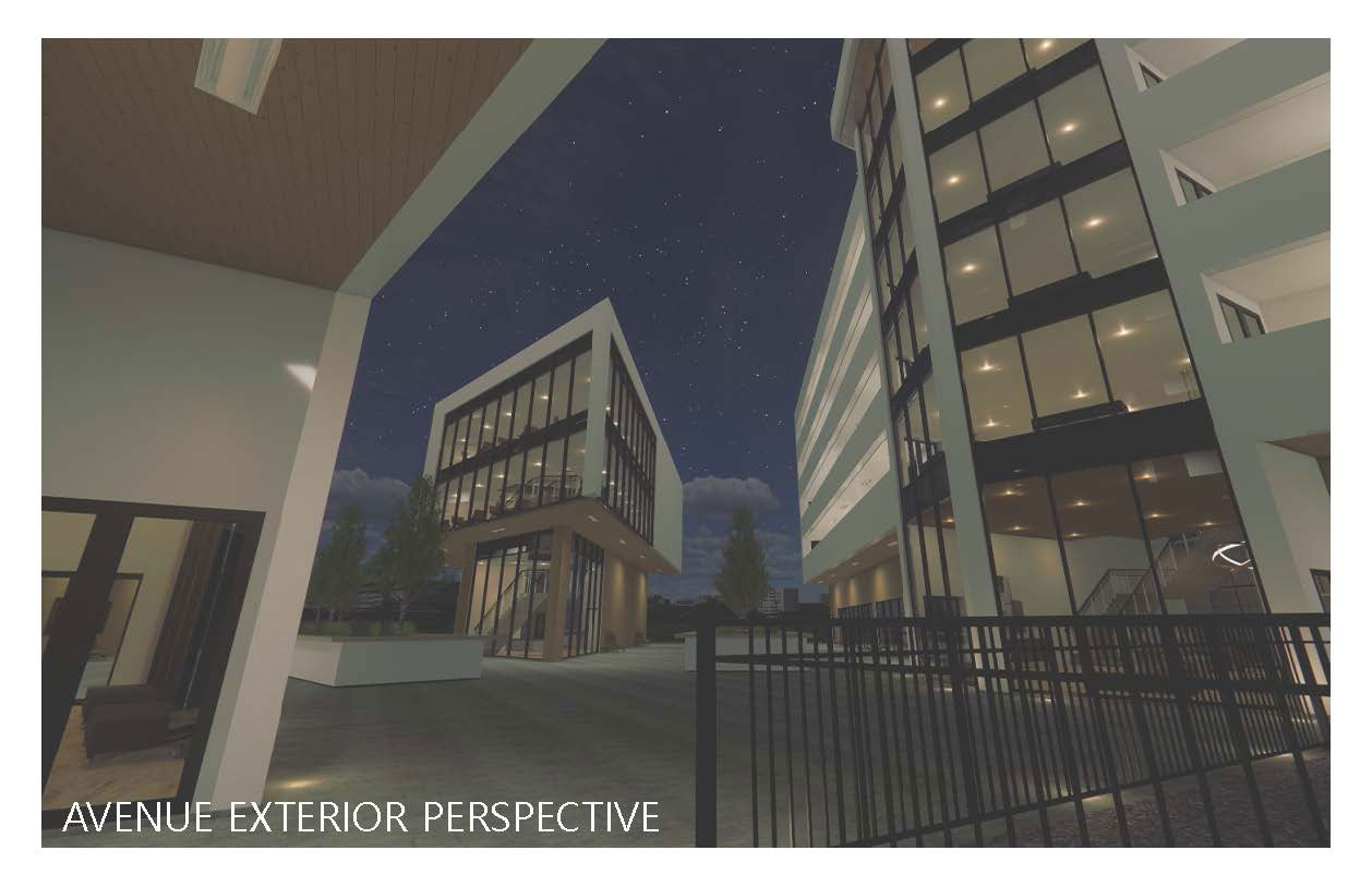 The bottom left reads &quot;avenue exterior perspective&quot;. This is an outside view of two buildings. One is triangular shaped, and covered in glass windows. The other building is also covered in windows, and connected to what looks like a parking garage.